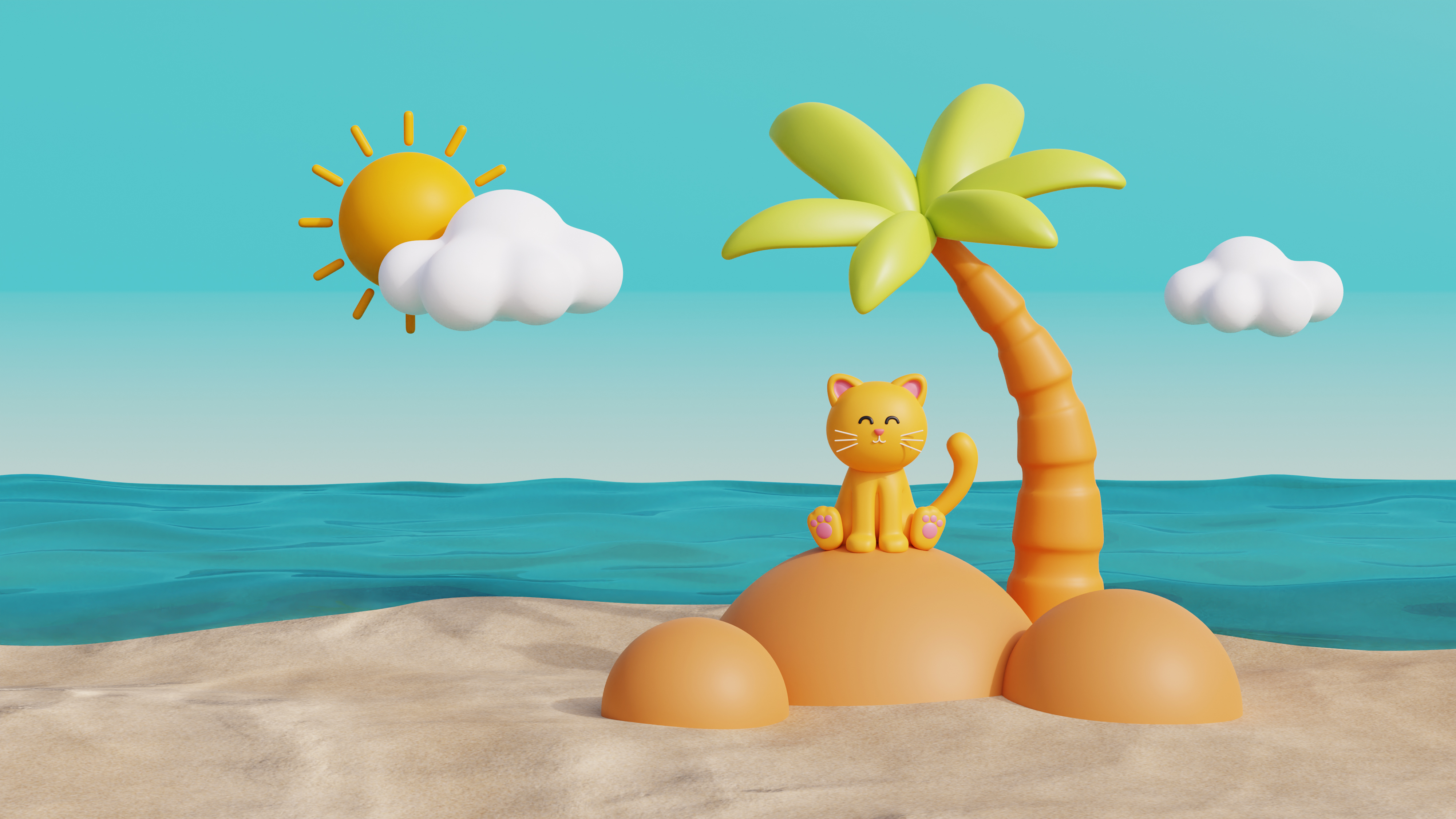 cartoon cat, on a summer beach